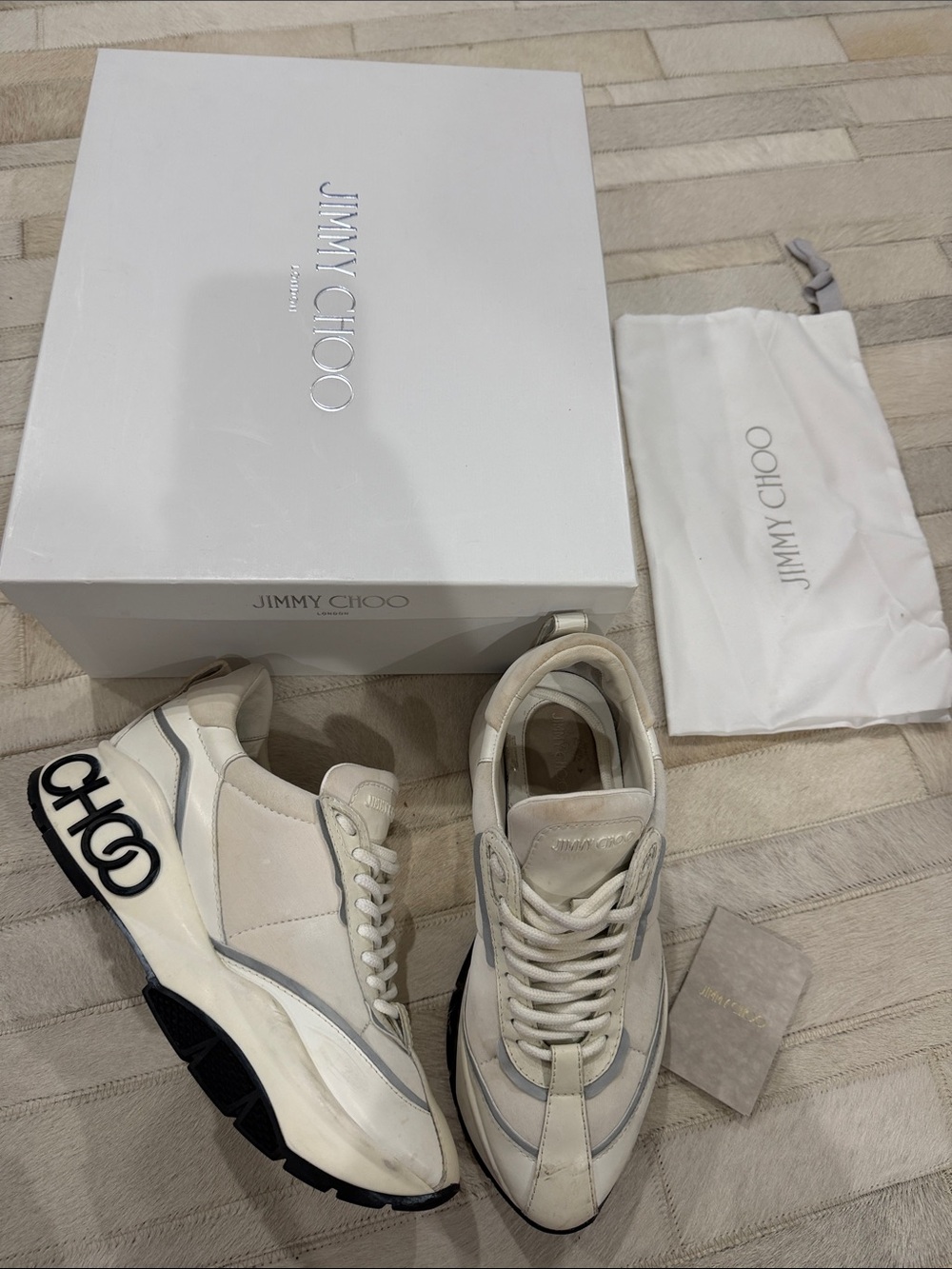 Jimmy Choo women’s  Cream and White-Top Suede & Leather Sneakers